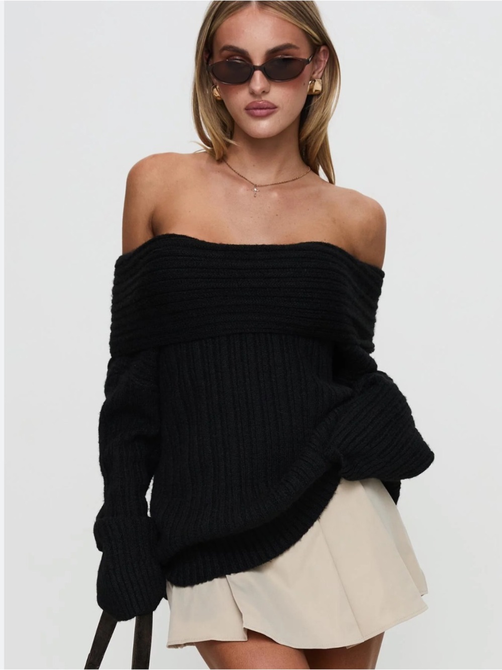Princess Polly Snowie Off Shoulder Knit Black Sweater Size L/XL New!